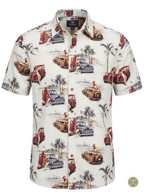 VTG Me Cream Vintage Surf Pin-up Antique Cars Print Short Sleeve Shirt Size 2XL